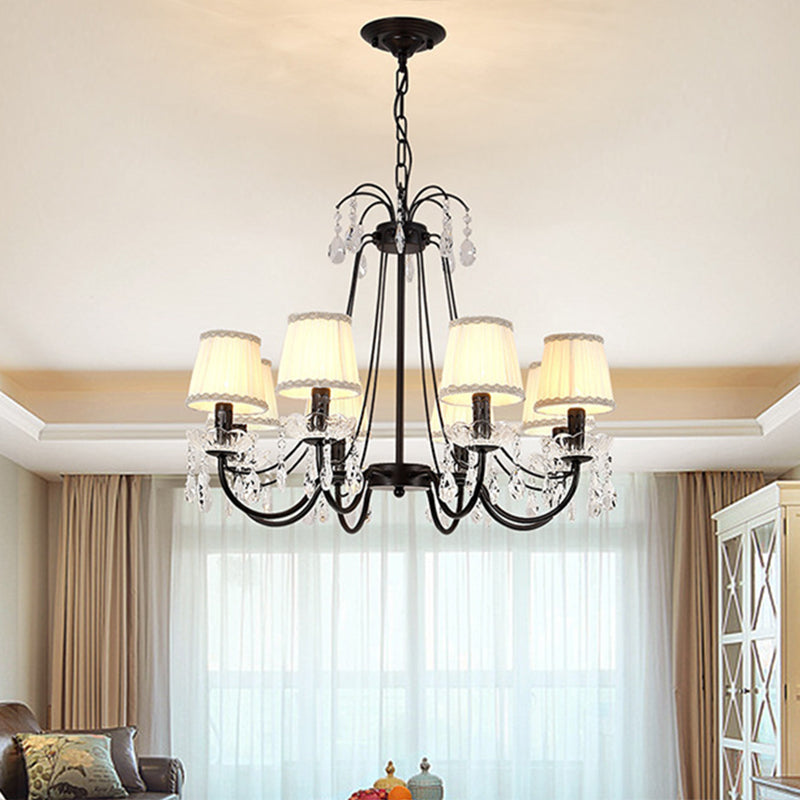 Black Modernist Cone Hanging Chandelier - Fabric 5/6/8 Bulbs Restaurant Down Lighting With Crystal