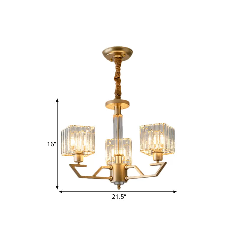 Minimalist Gold Chandelier With Clear Crystal Prisms - 3/6-Light Suspension Fixture