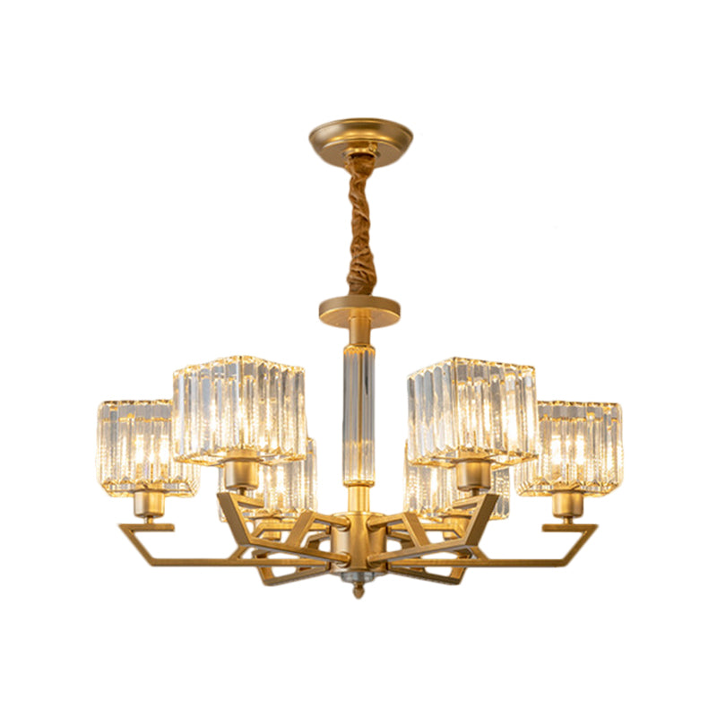 Minimalist Gold Chandelier With Clear Crystal Prisms - 3/6-Light Suspension Fixture