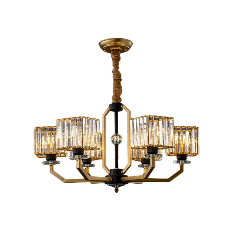 Minimalist Crystal Prism Cube Chandelier With Brass Curved Arm And 3/6/8 Bulbs