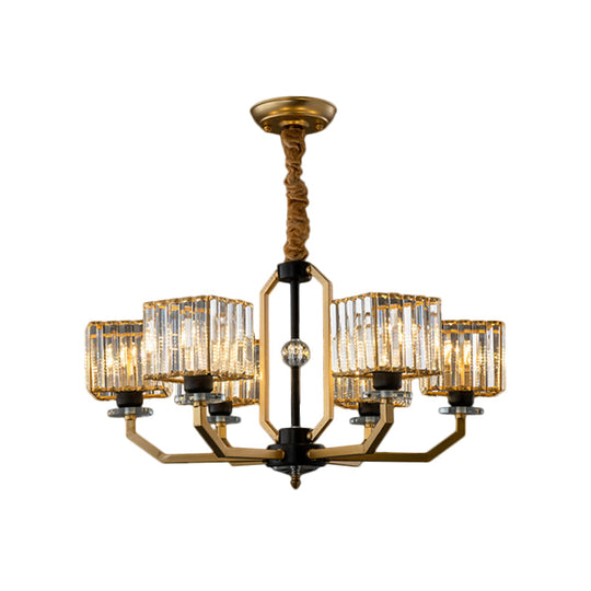 Minimalist Crystal Prism Cube Chandelier With Brass Curved Arm And 3/6/8 Bulbs