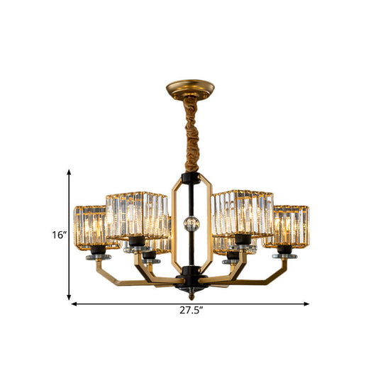 Minimalist Crystal Prism Cube Chandelier With Brass Curved Arm And 3/6/8 Bulbs
