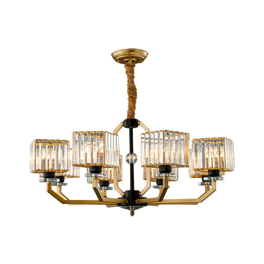 Minimalist Crystal Prism Cube Chandelier With Brass Curved Arm And 3/6/8 Bulbs