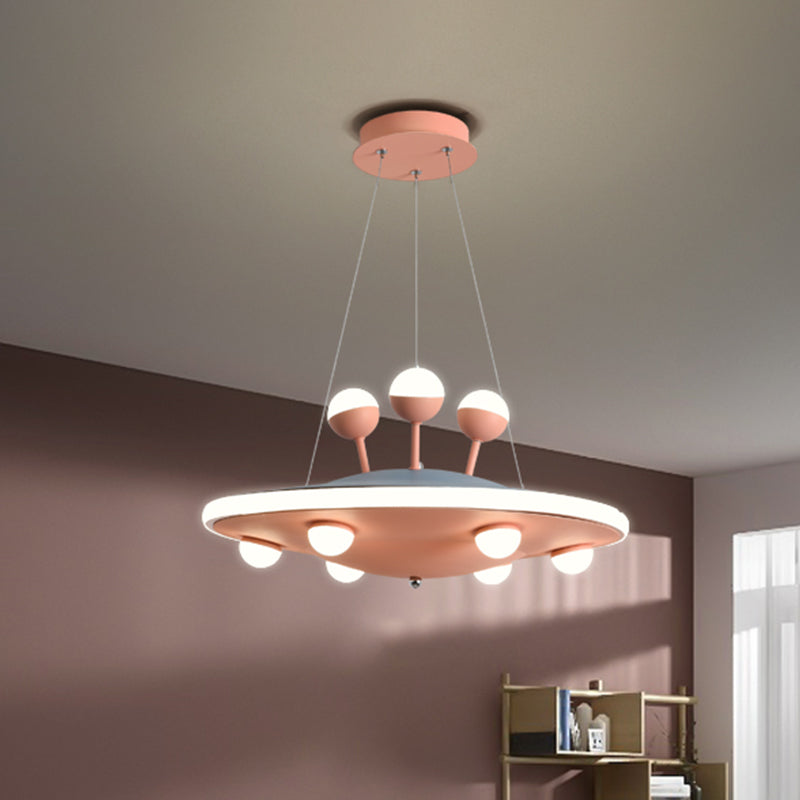 Kids Bedroom Ceiling Chandelier - Cartoon Ufo Metal Led Pendant Light In Pink/Blue
