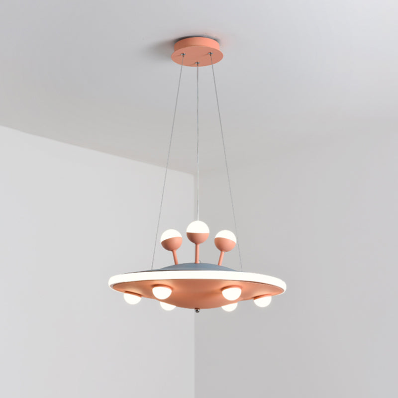 Kids Bedroom Ceiling Chandelier - Cartoon Ufo Metal Led Pendant Light In Pink/Blue