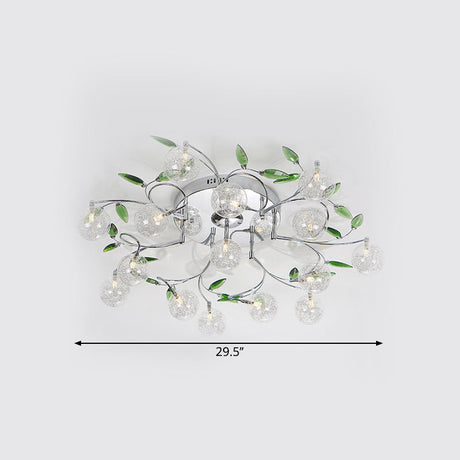 Semi Mount Green Crystal Lighting - Modern Ceiling Flush With 15 Lights Clear Glass Shade In Chrome