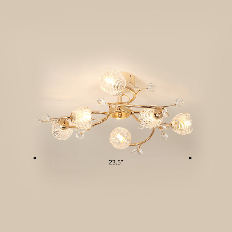 Minimalist Gold Ceiling Light Fixture With Bloom Clear Crystal Shade - 6 - Head Bedroom Semi Flush
