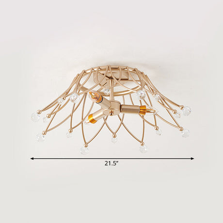 Minimalist Brass Crown Ceiling Light With Crystal Orbs - Semi Flush Mount