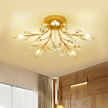 Modernist Gold Branch Ceiling Fixture With Faceted Crystal Semi Flush Mount Lighting - 5 Or 8 Bulbs