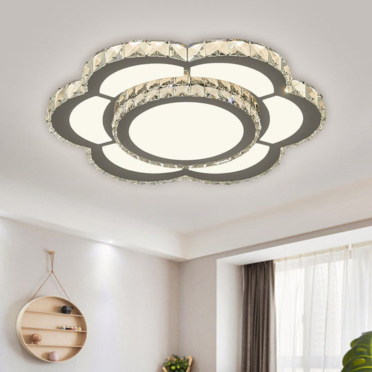 Chrome Led Flower Ceiling Light With Faceted Crystal And Warm/White Glow 18 Or 23.5 Wide / White