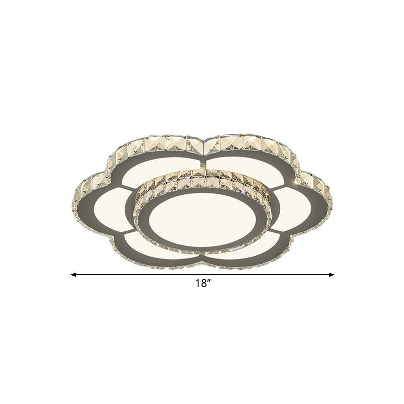 Chrome Led Flower Ceiling Light With Faceted Crystal And Warm/White Glow 18’ Or 23.5’ Wide