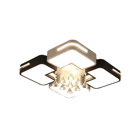 Modern Square Led Flushmount Light Fixture With Crystal Drop And Warm/White Lighting In Black White