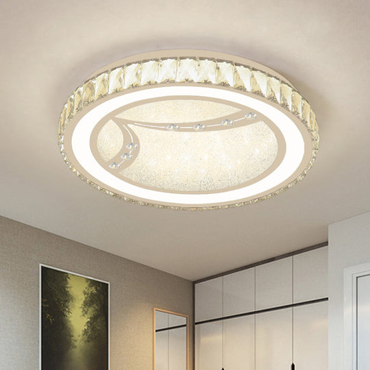 Drum Ceiling Lamp With Crystal Bead Deco - Minimalist Acrylic Led Flush Mount Fixture Chrome Finish