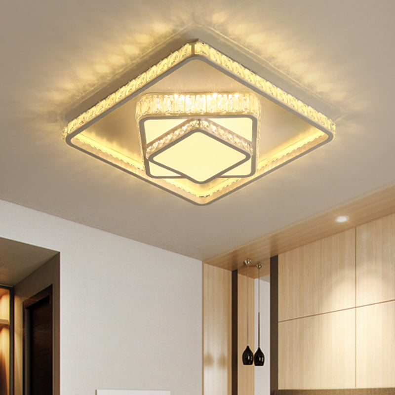 Minimalistic Led Crystal Flush Lamp: White Ceiling - Mounted Fixture With Square Block Design