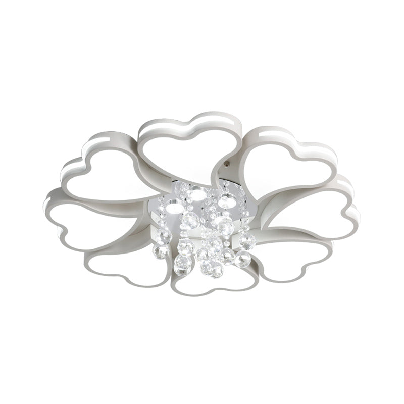 Modernist Heart Flush Light Metallic Ceiling Fixture With Crystal Accent - White 6/8 Bulbs