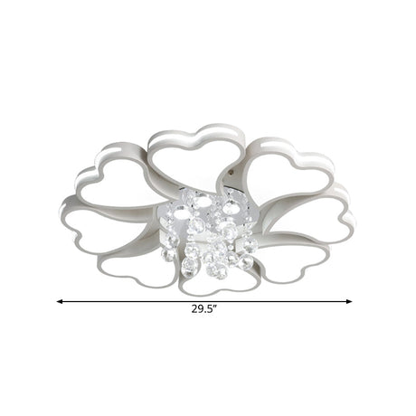 Modernist Heart Flush Light Metallic Ceiling Fixture With Crystal Accent - White 6/8 Bulbs