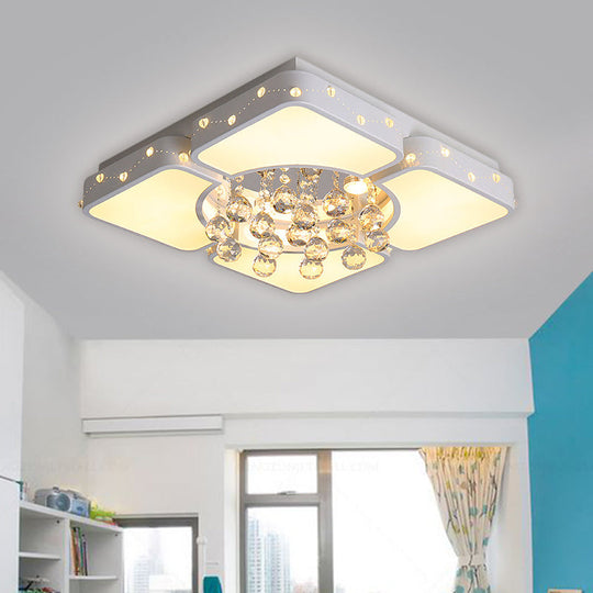 Modernist Metal Led Bedroom Flush Mount Light In White With Crystal Droplet | Square Close - To -