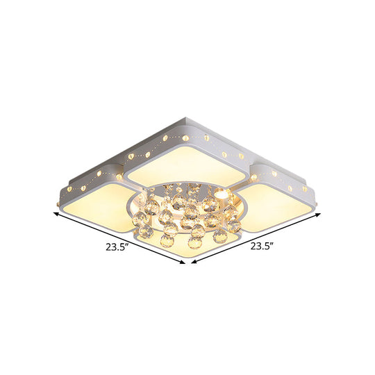 Modernist Metal Led Bedroom Flush Mount Light In White With Crystal Droplet | Square