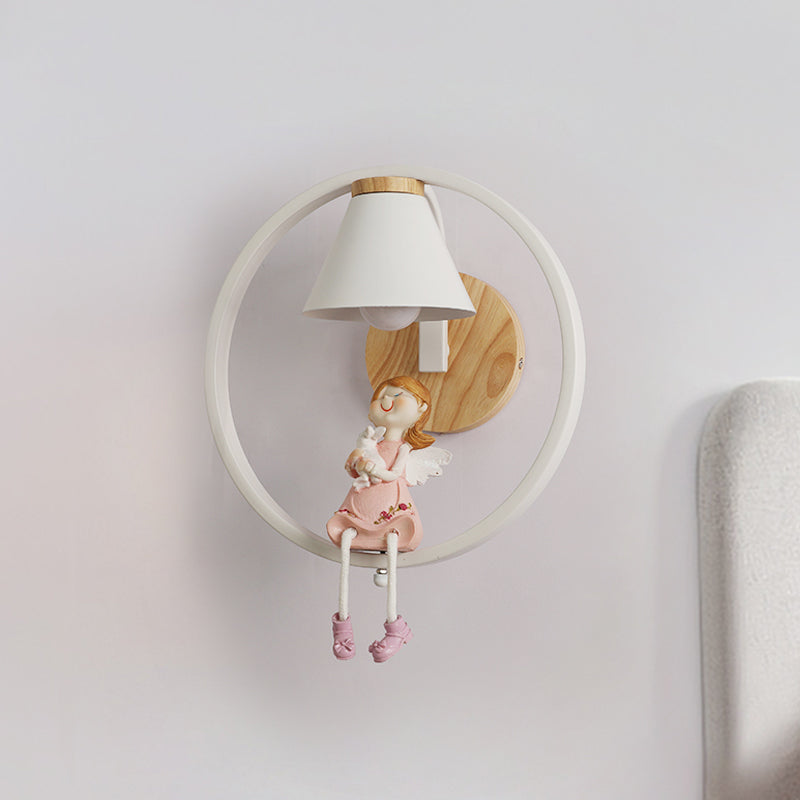 Adorable Deer/Angel Girl Wall Light: Cartoon Metal 1-Light Pink/Blue Lighting With Fabric Shade