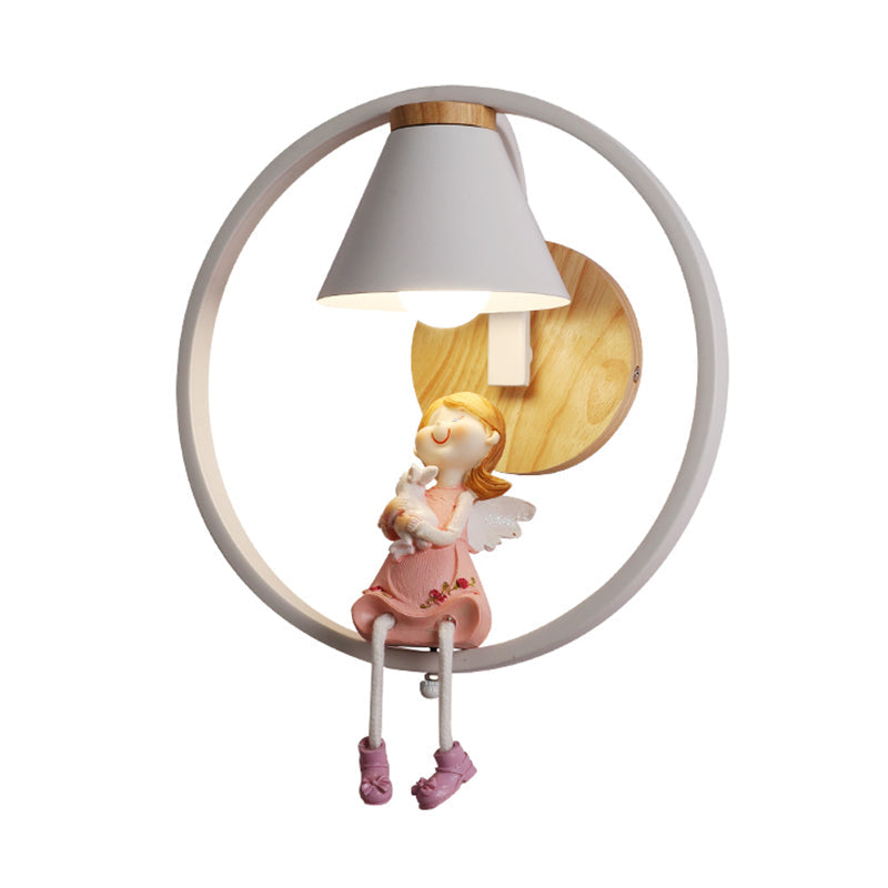 Adorable Deer/Angel Girl Wall Light: Cartoon Metal 1-Light Pink/Blue Lighting With Fabric Shade