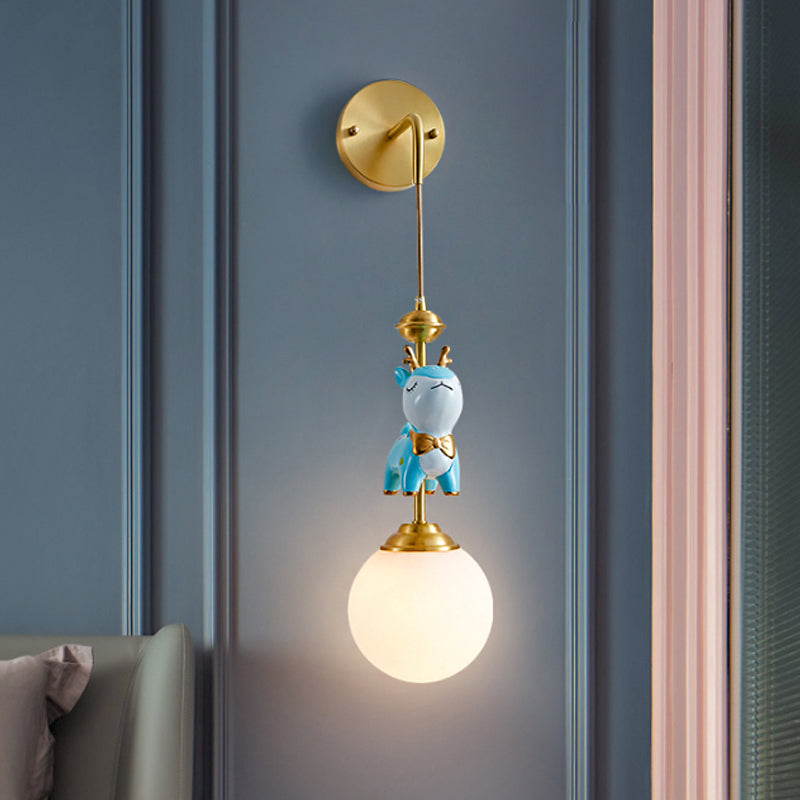 Cartoon Opal Glass Wall Light Fixture: Gold Lamp With Blue Deer Decor