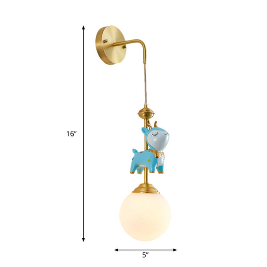 Cartoon Opal Glass Wall Light Fixture: Gold Lamp With Blue Deer Decor