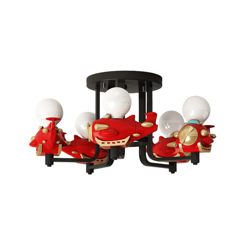 Cartoon Airplane Metal Semi Flush 5 - Light Ceiling Fixture In Red For Boys’ Bedroom