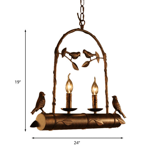 Lodge Birdcage Chandelier Lamp With Flameless Candle - Wrought Iron Pendant Lighting In Dark Rust
