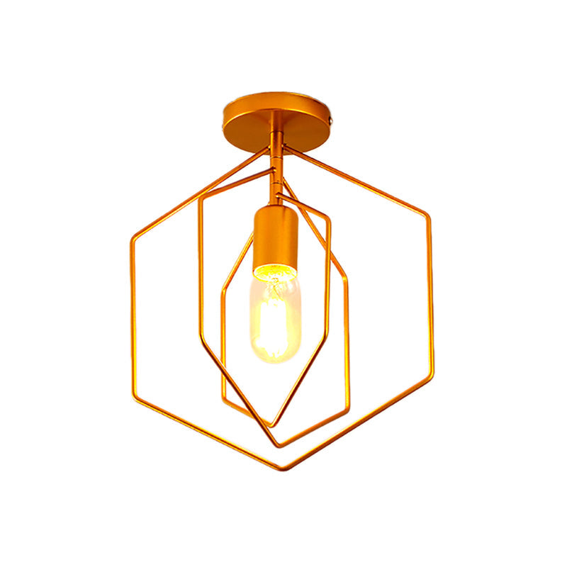 Retro Loft Gold Metal Hexagon Semi Flush Pendant Light For Living Room