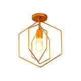 Retro Loft Gold Metal Hexagon Semi Flush Pendant Light For Living Room