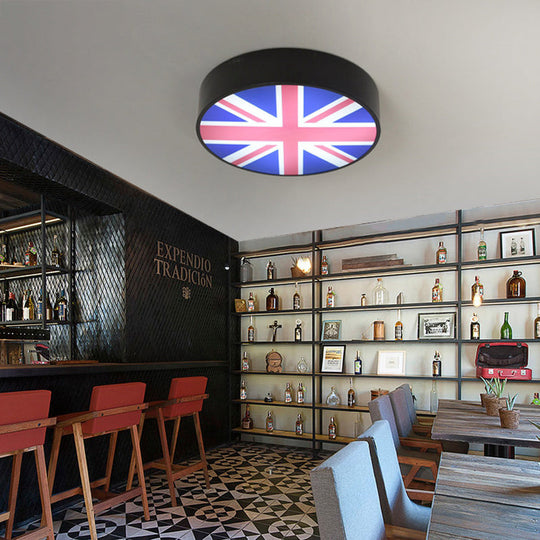 Industrial Metal Led Flush Mount Drum Ceiling Light With Flag Design Black