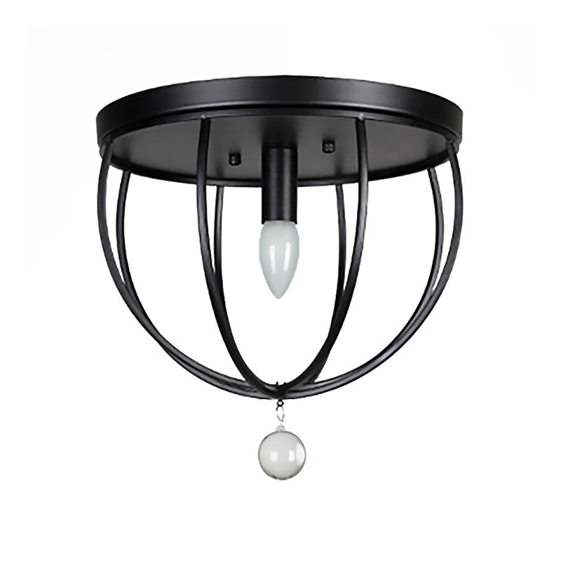 Retro Black Metallic Flush Mount Ceiling Light With Wire Cage And Clear Crystal Ball - 1/4/5 Heads