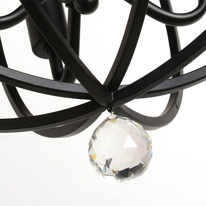 Retro Black Metallic Flush Mount Ceiling Light With Wire Cage And Clear Crystal Ball - 1/4/5 Heads