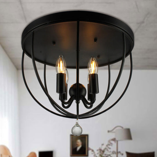 Retro Black Metallic Flush Mount Ceiling Light With Wire Cage And Clear Crystal Ball - 1/4/5 Heads