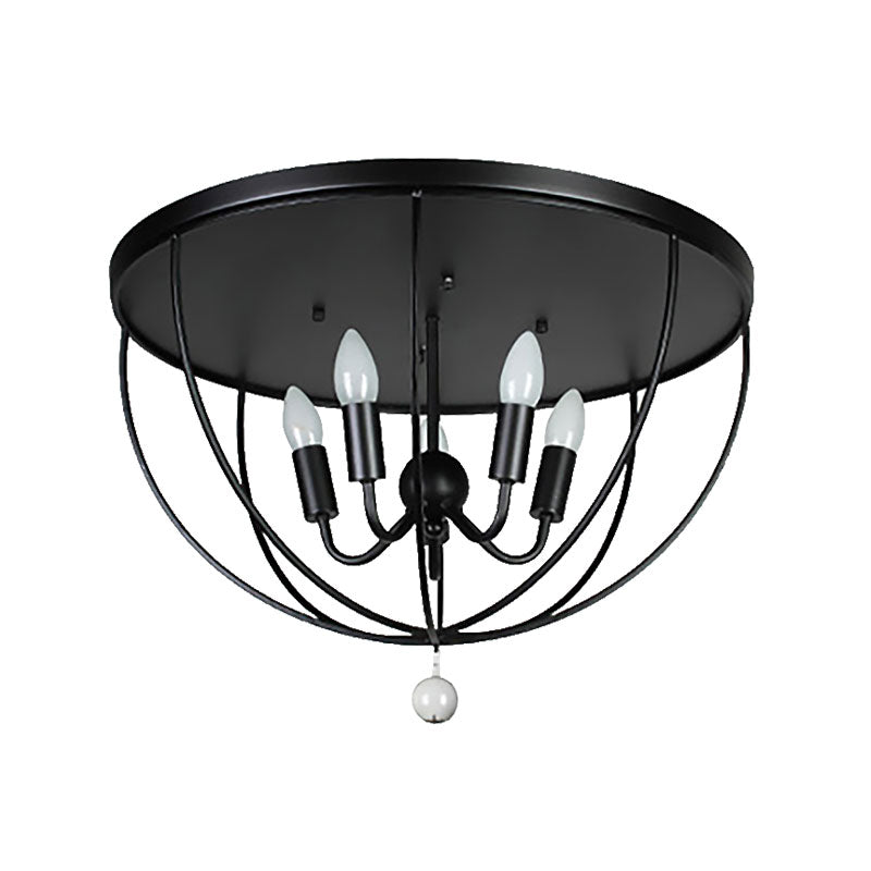 Retro Black Metallic Flush Mount Ceiling Light With Wire Cage And Clear Crystal Ball - 1/4/5 Heads