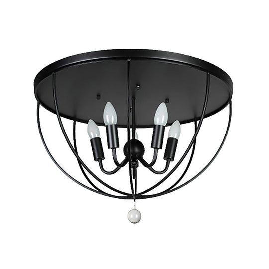 Retro Black Metallic Flush Mount Ceiling Light With Wire Cage And Clear Crystal Ball - 1/4/5 Heads