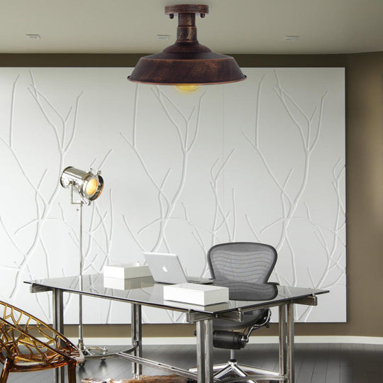 Barn Shade Semi-Flush Mount Ceiling Light In Aged Silver/Weathered Copper For Farmhouse Decor