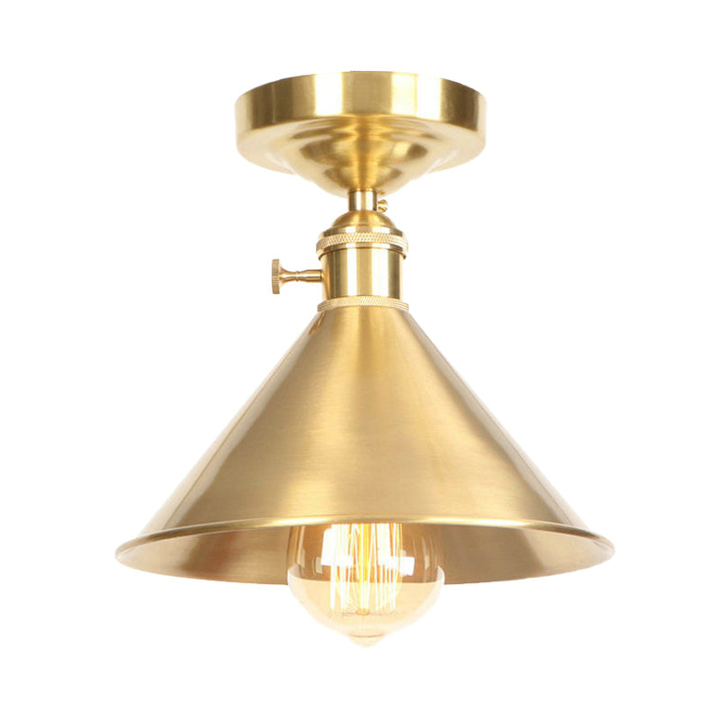 Vintage Industrial Brushed Brass Semi Flush Light - 1 Ceiling Mounted Balcony Fixture 8’/9.5’ Wide