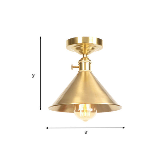 Vintage Industrial Brushed Brass Semi Flush Light - 1 Ceiling Mounted Balcony Fixture 8’/9.5’ Wide