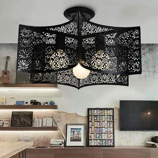 Black Drum Design Semi Flush Light - Vintage Retro Metallic 3-Head Foyer Mount 16’/16.5’ W / 21’
