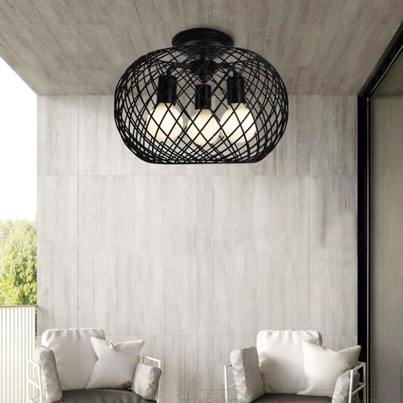 Black Drum Design Semi Flush Light - Vintage Retro Metallic 3-Head Foyer Mount 16’/16.5’ W / 16.5’