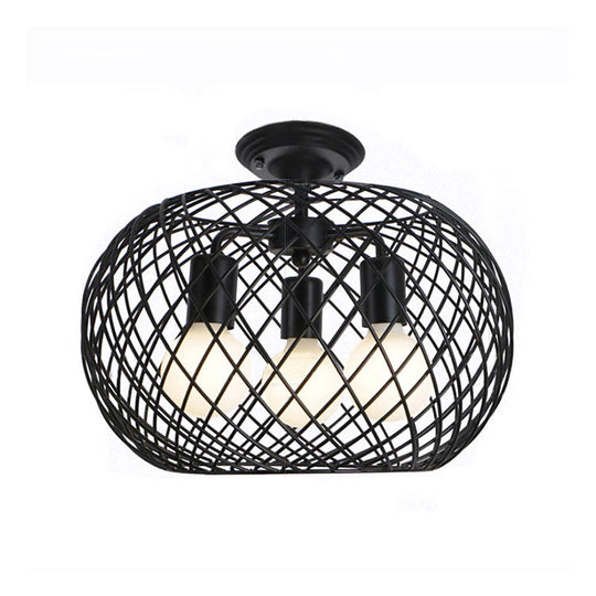 Black Drum Design Semi Flush Light - Vintage Retro Metallic 3-Head Foyer Mount 16’/16.5’ W