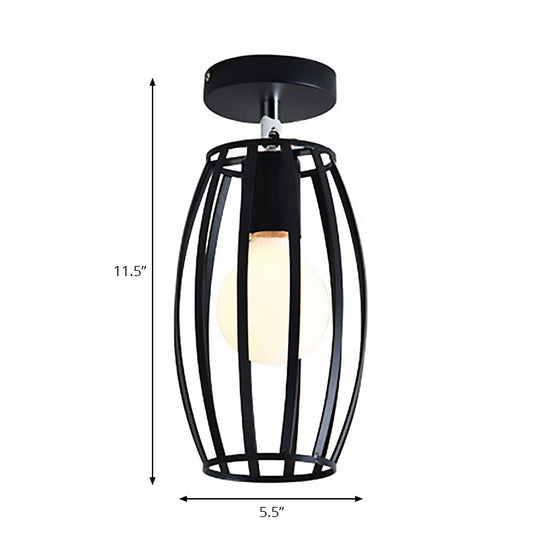 Industrial Black Cage Pendant Light For Corridor Ceiling - Semi Flush Globe/Oval Shape With Iron