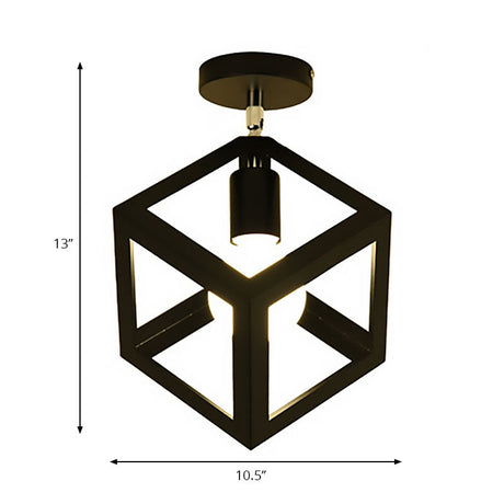 Industrial Black Cage Pendant Light For Corridor Ceiling - Semi Flush Globe/Oval Shape With Iron