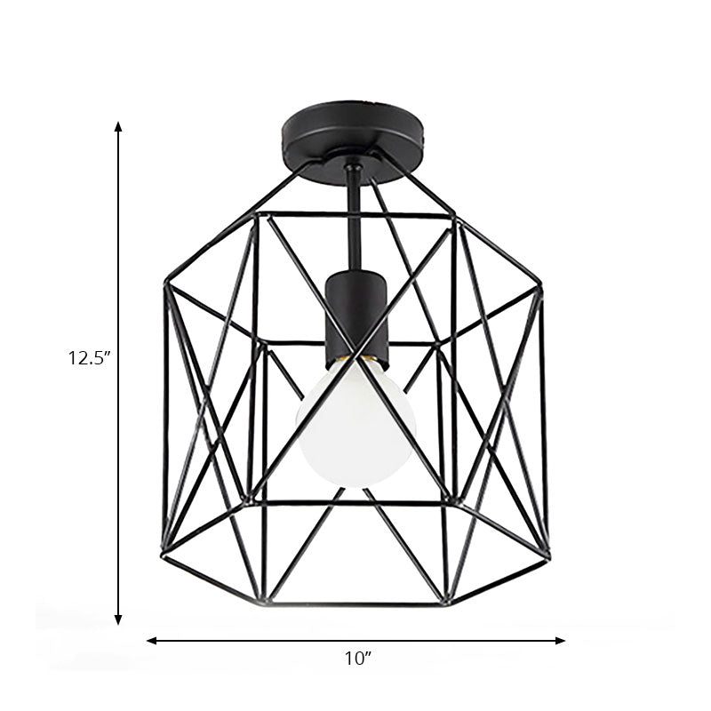 Geometric Cage Semi - Flush Ceiling Fixture - Industrial Black Metallic Finish Balcony Lighting