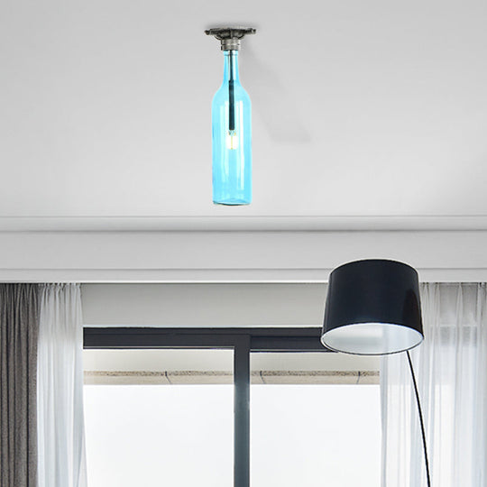 Rustic Semi Flush Bottle Glass Ceiling Light Fixture With Brown/Blue Shades For Corridor Blue