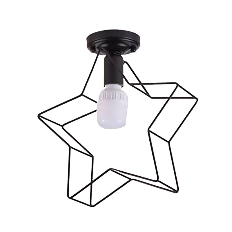 Industrial Metal Open Cage Ceiling Light With Star Shade - 1 Black Semi - Flush Fixture For Bedroom
