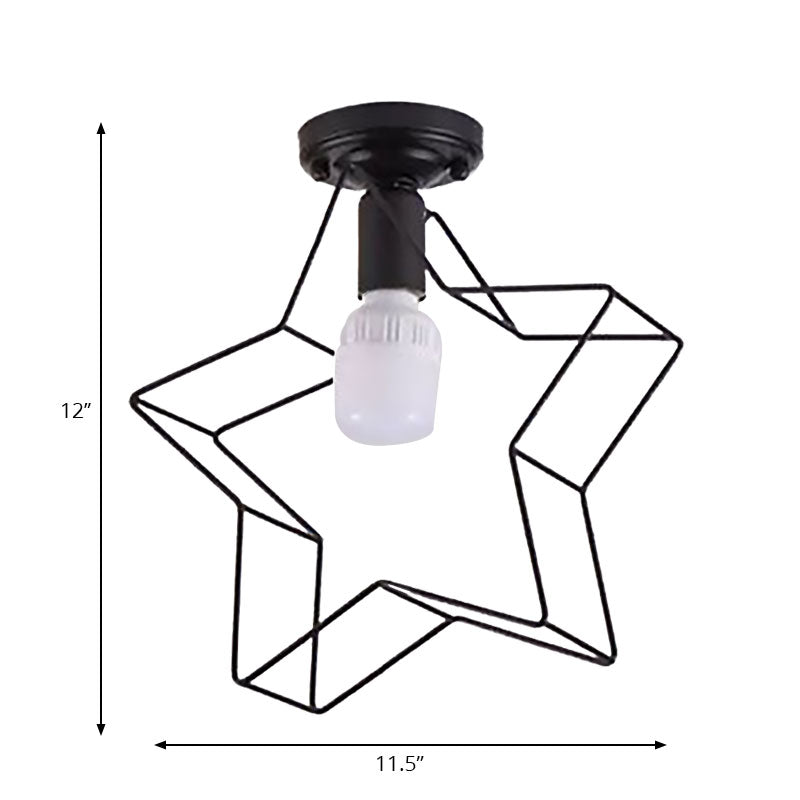 Industrial Metal Open Cage Ceiling Light With Star Shade - 1 Black Semi - Flush Fixture For Bedroom