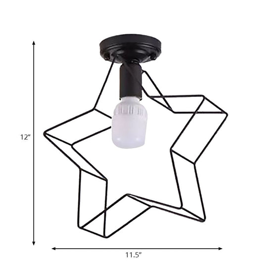 Industrial Metal Open Cage Ceiling Light With Star Shade - 1 Black Semi - Flush Fixture For Bedroom