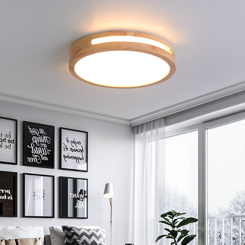 Nordic Led Flush Ceiling Light With Natural Wood Drum Design Warm/White Lighting
